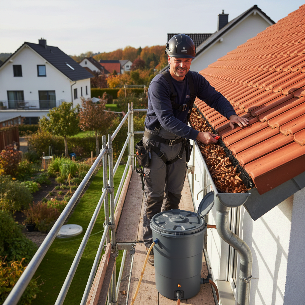Dachdecker der eine Dachrinne reinigt