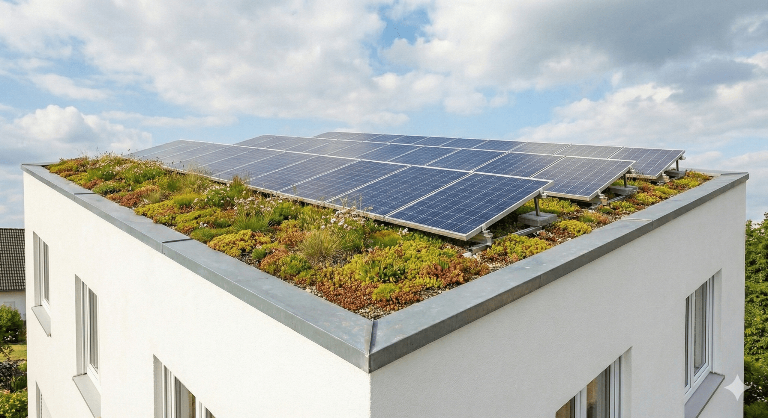 Flachdach mit grünenöberflächen und PV Anlagen