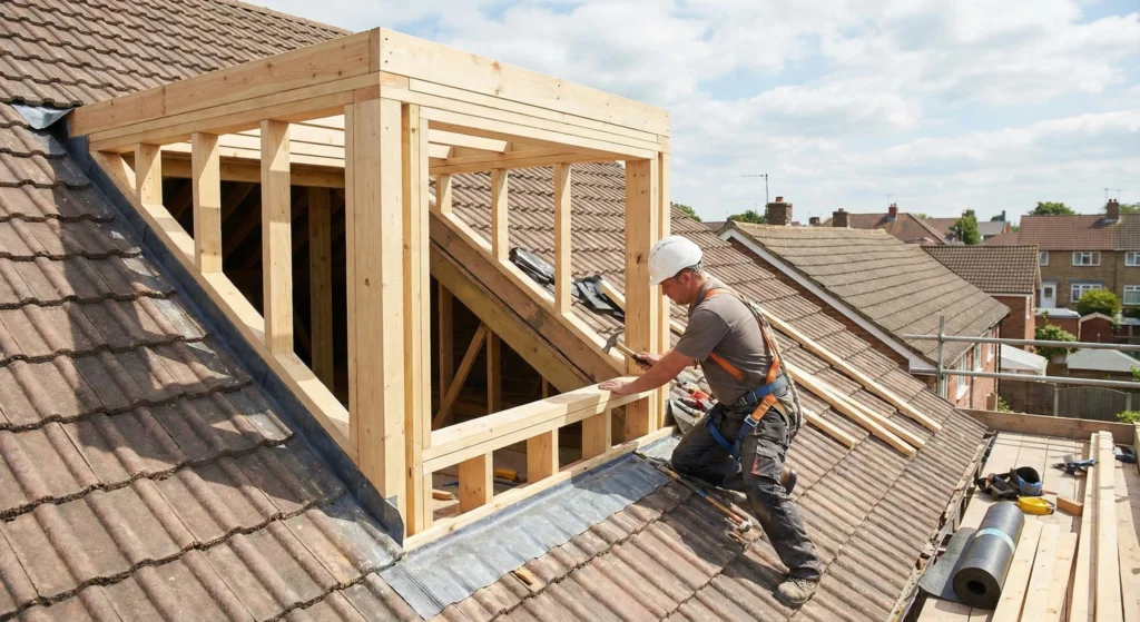 Dachdecker bauen eine Dachgaube
