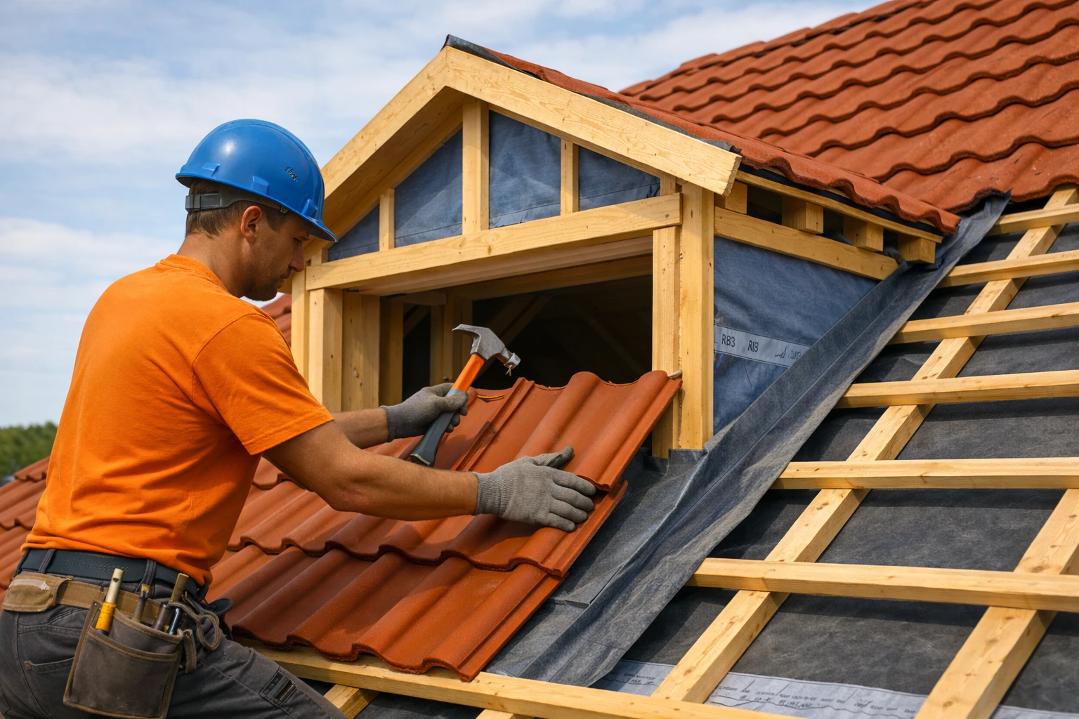 Dachdecker baut Dachgaube ein