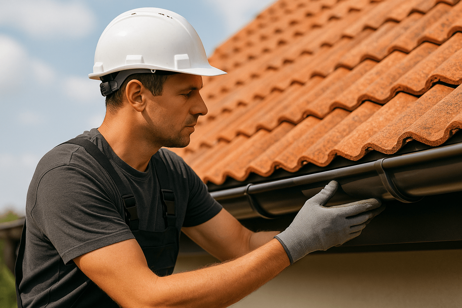 Dachdecker montiert Dachrinnen