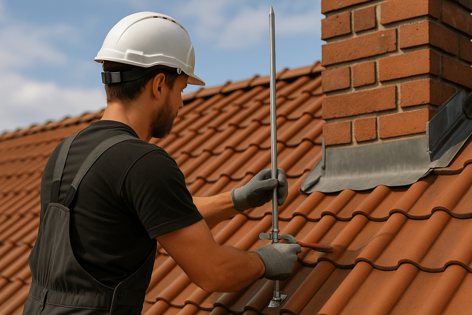 Dachdecker montiert einen Blitzableiter