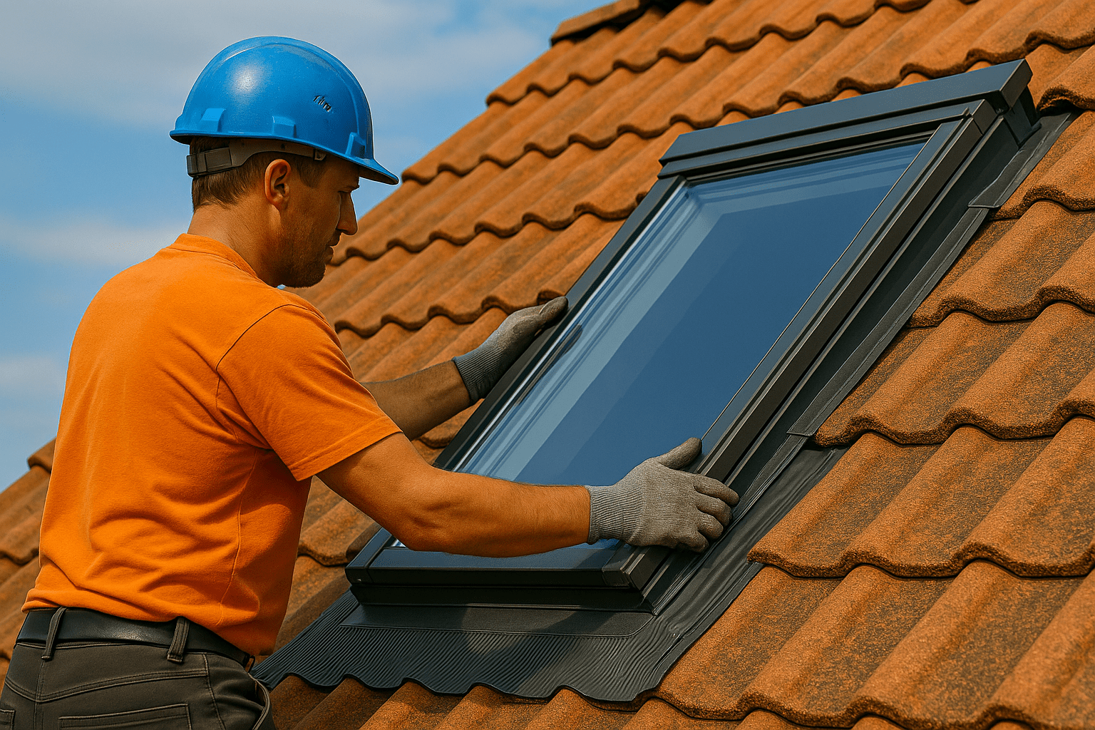 Dachdecker montiert einen Dachfenster