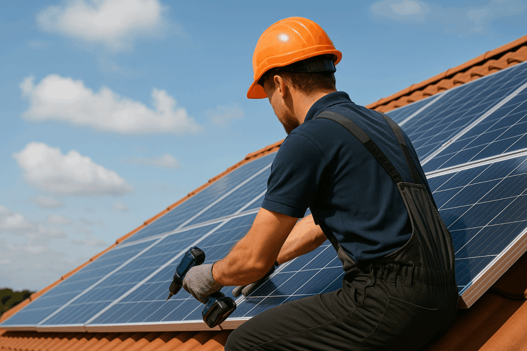 Dachdecker montiert eine PV Anlage