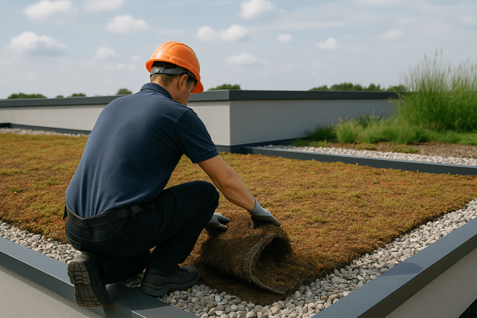 Dachdecker arbeitet an einen Flachdach